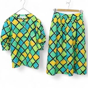 Givenchy Vintage Colorful Geometric Linen Top and Skirt Set